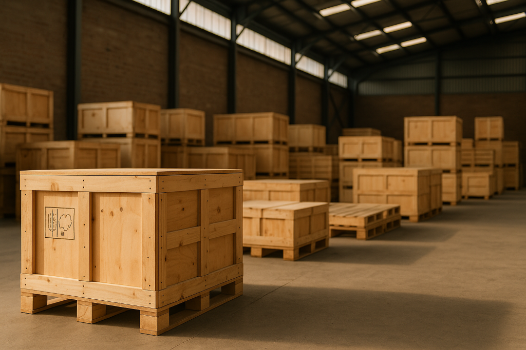 Export-ready wooden crates and pallets stacked in a South African warehouse